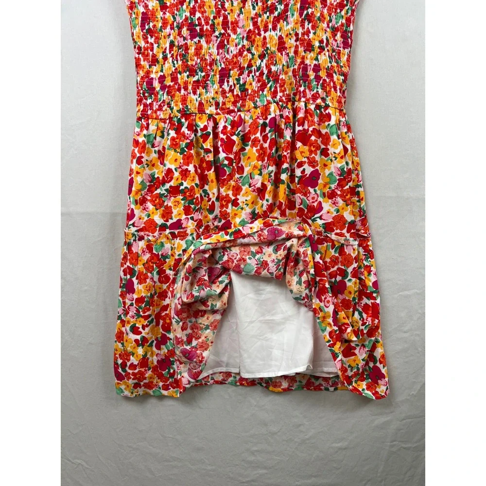 ZESICA Floral Mini Dress Women XL Red Orange Smocked Tie Strap Tiered Cottage